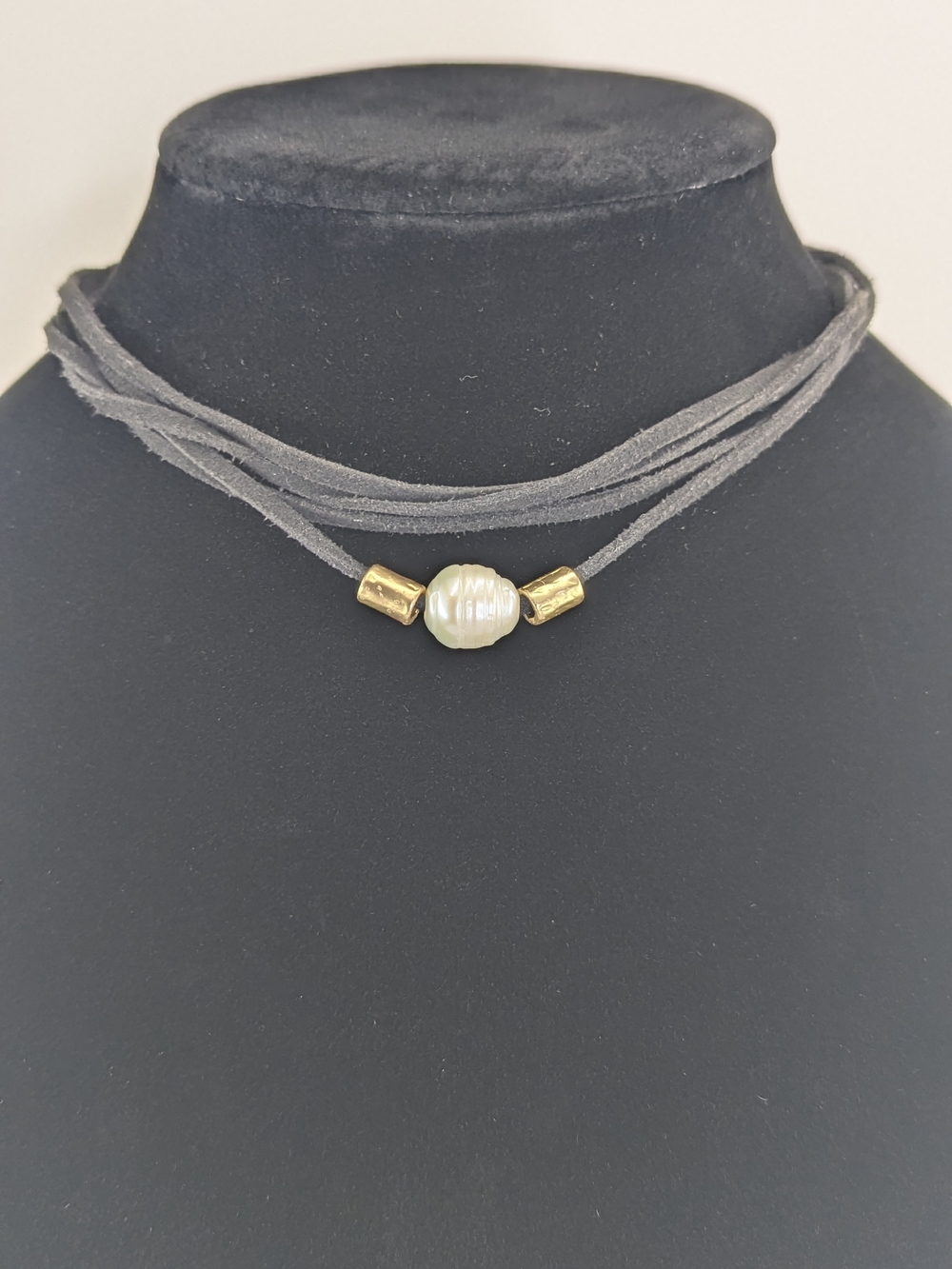 Handmade Gray Suede Pearl Choker with Gold Accents